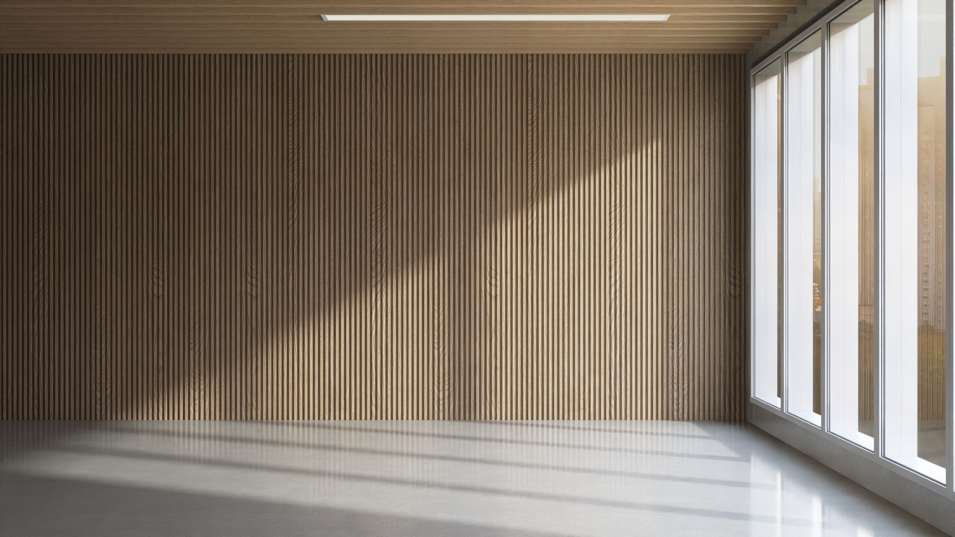 Empty room with brown wooden corrugated wall, ceiling in sunlight from window, shadow on white floor